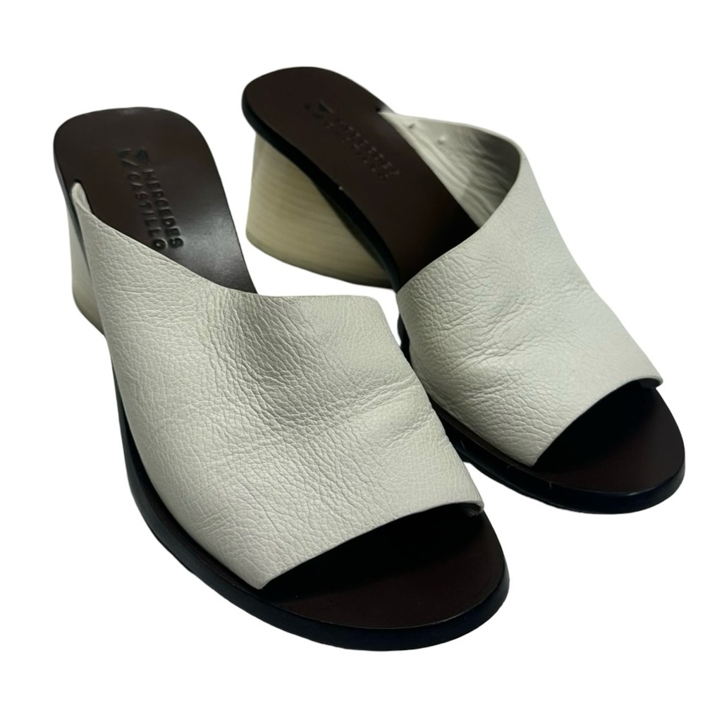 Mercedes Castillo Izar High Block Heel Ivory Leather Slides Sandals Women Sz 7 - Picture 2 of 14